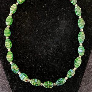 2 set antique, silver and painted beaded necklace and matching earrings.